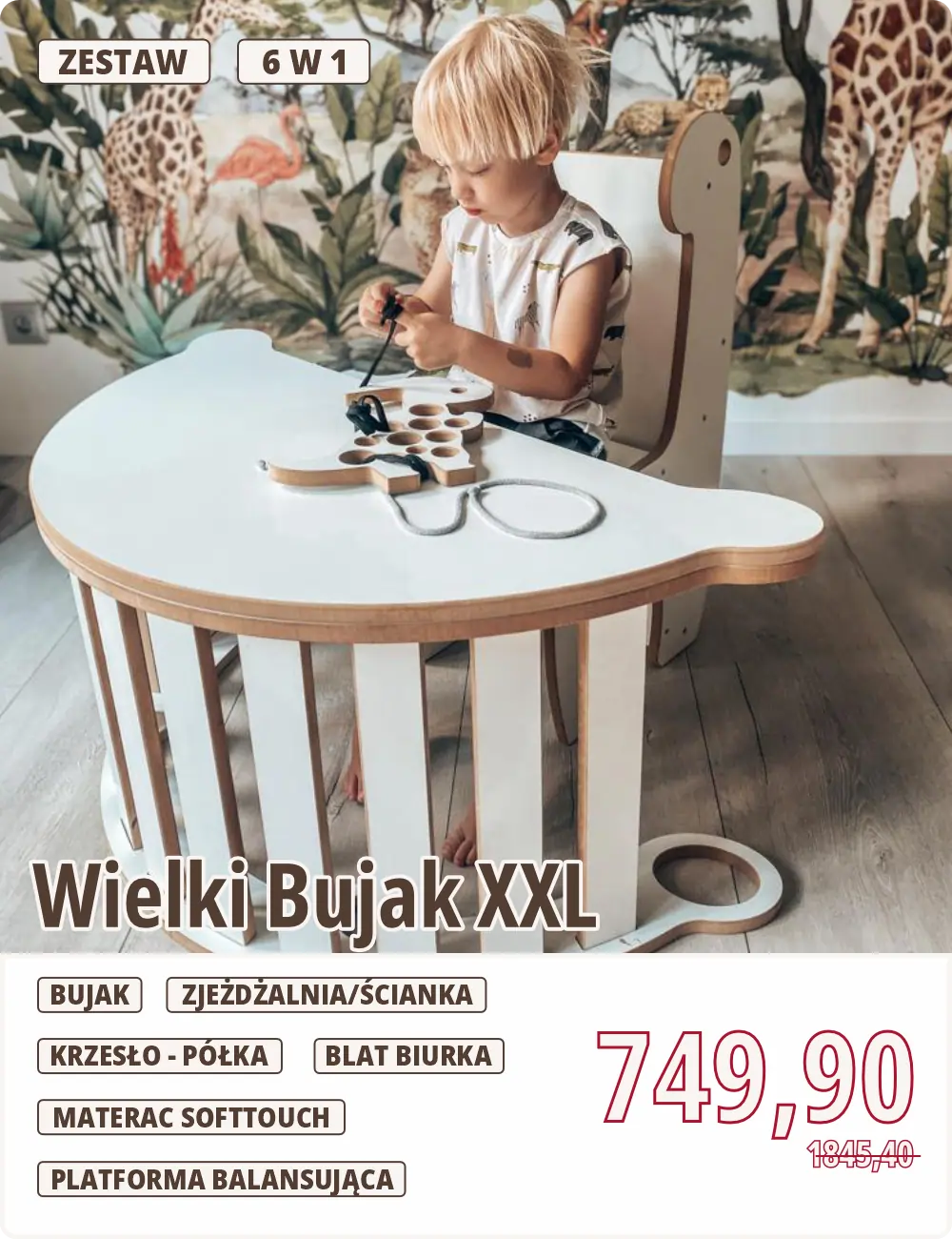 Zestaw | Wielki bujak XXL | Zjeżdżalnia/ścianka wspinaczkowa | Blat | Krzesło-półka | Platforma | Materac